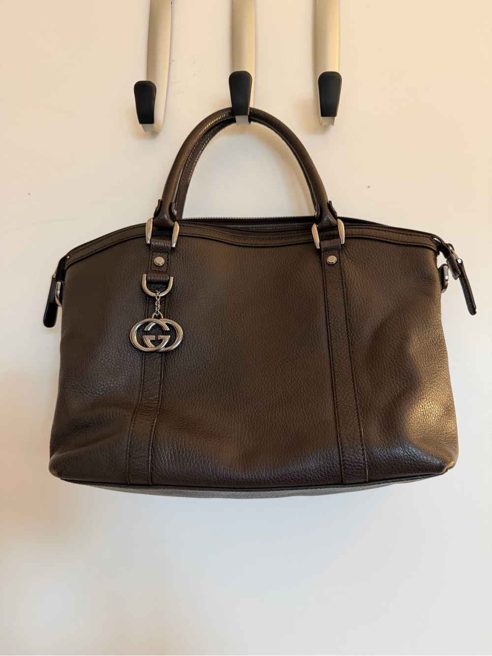 Gucci Espresso Pebbled Leather Satchel Purse with Double G Charm